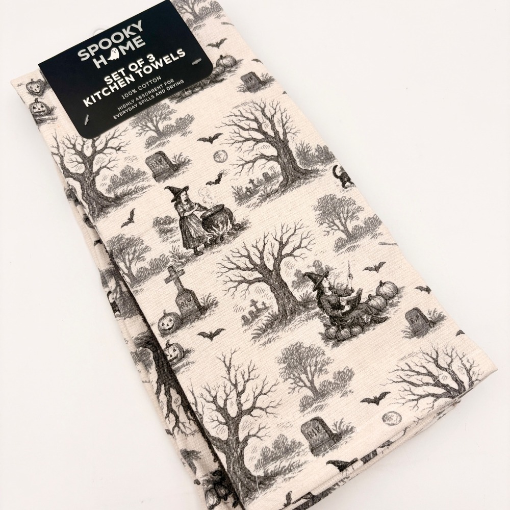 Spooky Home Halloween Kitchen Towels Set of 3 Witches Graveyard Toile Cotton
